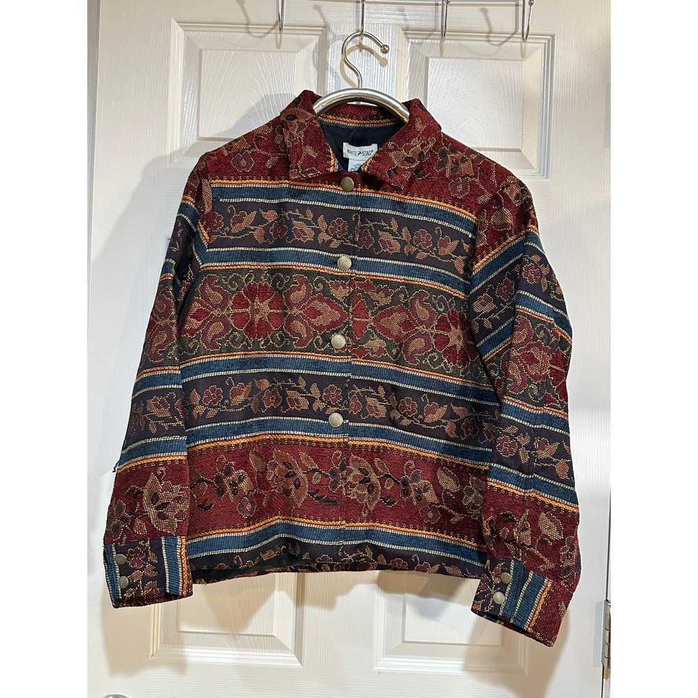 White Stag Womens Novelty Jacket Bordeaux Floral Tapestry Button Size L NWT